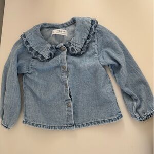 Zara Light Blue Denim Jacket with Ruffle Collar